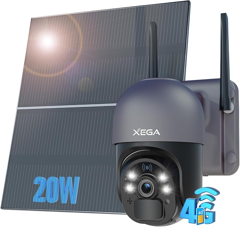 Xega 4G LTE Solar Security Camera 2K 20W Panel PIR Motion IP66