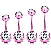 QUZIONE Titanium Belly Button Ring Set (4 Lengths, 14G) ,Hypoallergenic Curved Barbell Navel Piercing Jewelry with 5mm & 8mm Cubic Zirconia Crystals,Floating Belly Button Rings (7 Iridescent Body Colors)