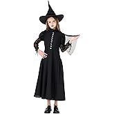 LETIME Witch Costume for Girls Halloween Kids Black Wicked Witch Costume Dress up Outfit with Hat for Teens Trick-or-Treat