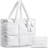 Abbylike Large Puffer Tote Bag for Women Quilted Puffy Handbag with Zipper Lightweight Satchel Purse Bow Gift Winter