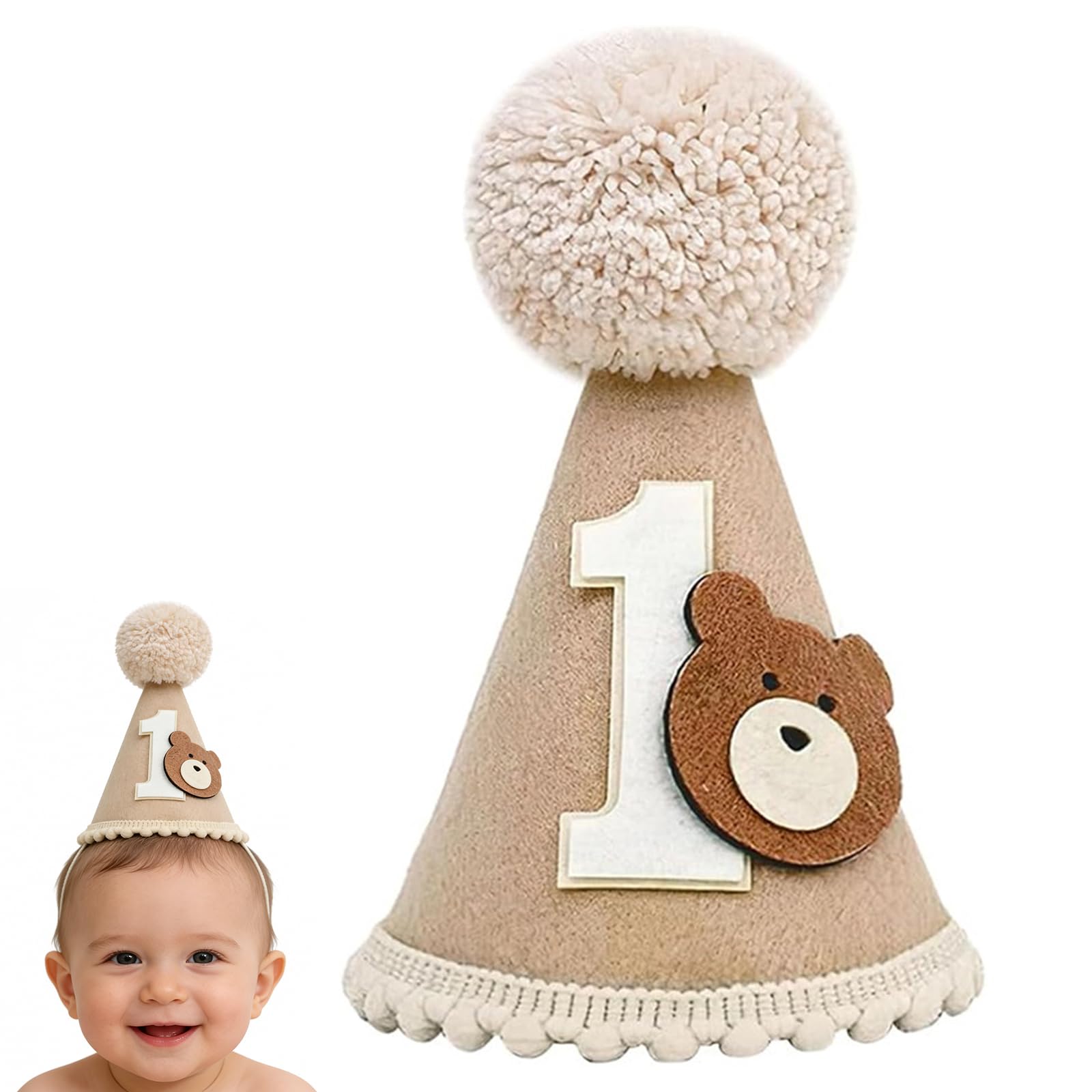 YEVON 1st Birthday Hat for Baby Boys Girls – Soft Felt Teddy Bear First Birthday Hat with Pom Pom, Adjustable Baby Party Hat for 1 Year Old Birthday Decorations and Photo Props