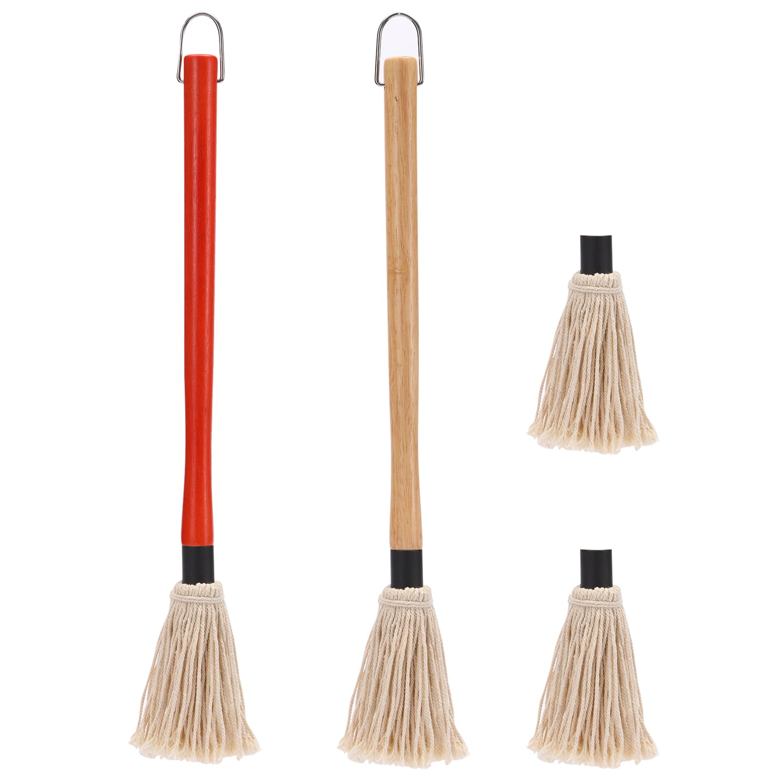 2 Pack 18 inch Grill Basting Mop with Wooden Long Handle and 2 Extra Replacement Brushes for BBQ Grilling Smoking Steak (Nature Wood & Brown)