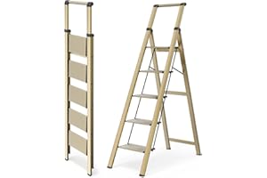 WOA WOA 5 Step Ladder, Ladders for Home, Anti-Slip Pedals, Aluminum Step Stool Foldable, Lightweight to Move, Ease of Storage, Reach 10ft for Closet Kitchen Library, Hold 300lbs - Gold