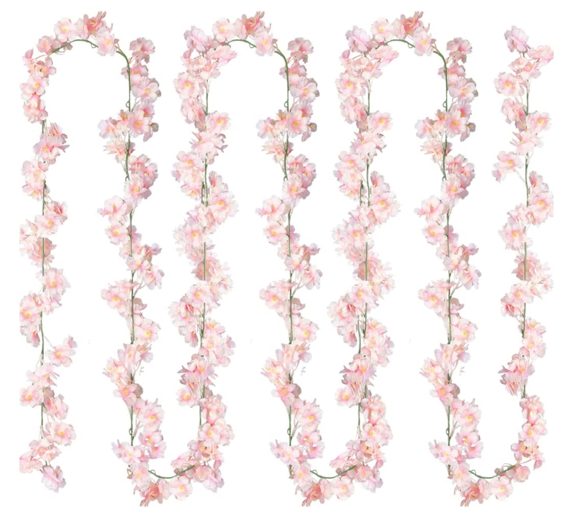 UNIQU 4pcs Artificial Cherry Blossom Flower Vines Artificial Flowers for Outdoors Hanging Silk Flowers Garland for Wedding Party Home Decor Japanese Kawaii Decor (Pink)