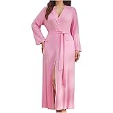 OYOANGLE Women's Plus Size Long Sleeve Belted Bathrobe Lightweight Comfy Long Kimono Robe with Pocket Sleepwear