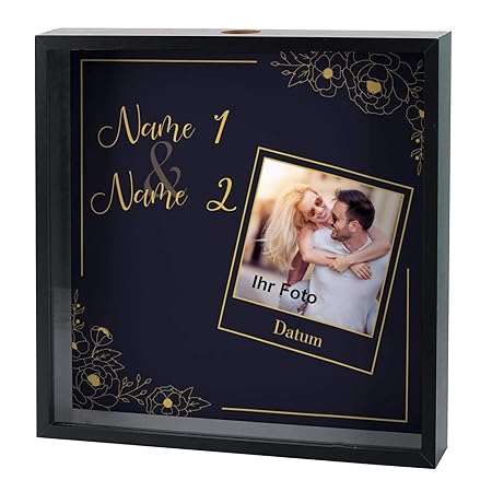 Herz & Heim® XXL Geldgeschenk zur Hochzeit als Spardose im Bilderrahmen mit Einem Foto der Lieben und Namen der Eheleute