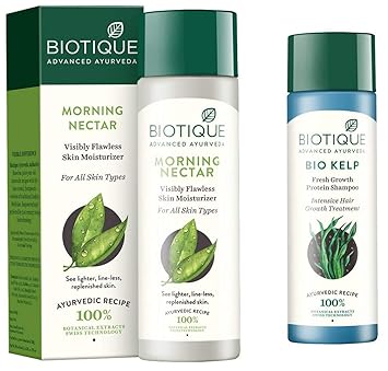 Biotique Morning Nectar Flawless Skin Lotion for All Skin Types, 190ml & Bio Kelp Fresh Growth Protein Shampoo, 190ml Combo