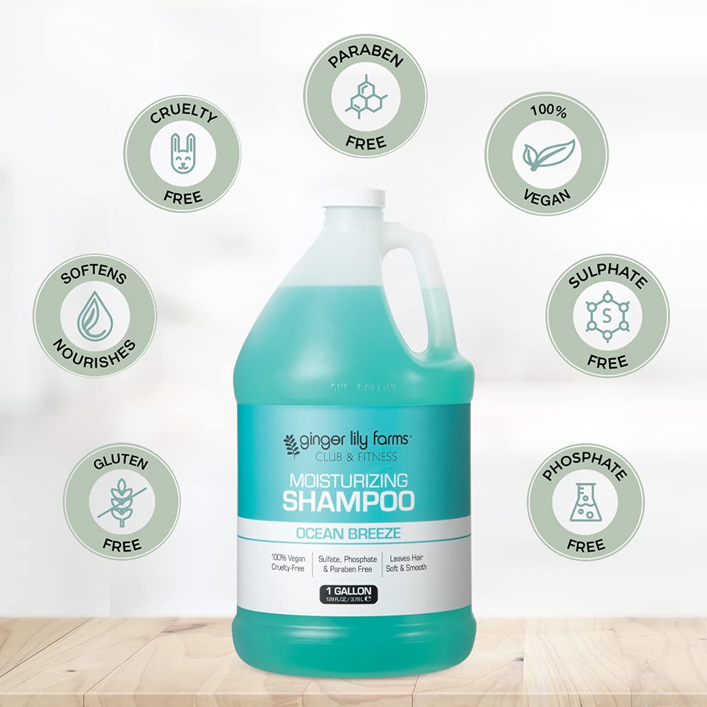 Ginger Lily Farms Club & Fitness Moisturizing Shampoo for All Hair Types, 100% Vegan & Cruelty-Free, Ocean Breeze Scent, 1 Gallon (128 fl oz) Refill