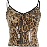 SportsWell Women's Crop Cheetah Print Top Leopard Sequin Cami Tank Top V Neck Sleeveless Y2k