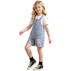 Girls Denim Shortalls Casual Y2K Adjustable Straps High Waist Bib Jeans Shortalls Romper Jumpsuit with Pockets 5-14Years