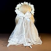 yuruyi Flower Crown for Women with Bridal Veil, Adjustable Hair Accessories Headband Hair Wreath Wand for Wedding Handmade Hairbands Headpiece Floral Crown for Girls (White Pearl, Adjustable)