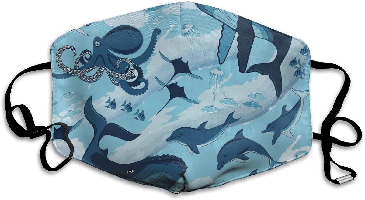 Marine Animals Sea Waves Dolphins Sharks Whale And Octopus Half Face Mask Masks Cotton Windproof Anti Reusable Comfortable Breathable Balaclava For Women Men Personalized
