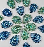 20 Pcs Peacock Blue & Green, Iridescent Flat Back Teardrop Beads Cabochons