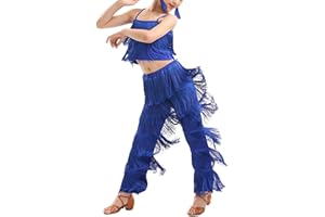 BK FASO Girls 2 Pcs Latin Dance Costume Sets Tassel Camisole Tops Fringe Pants Modern Salsa Ballroom Outfits