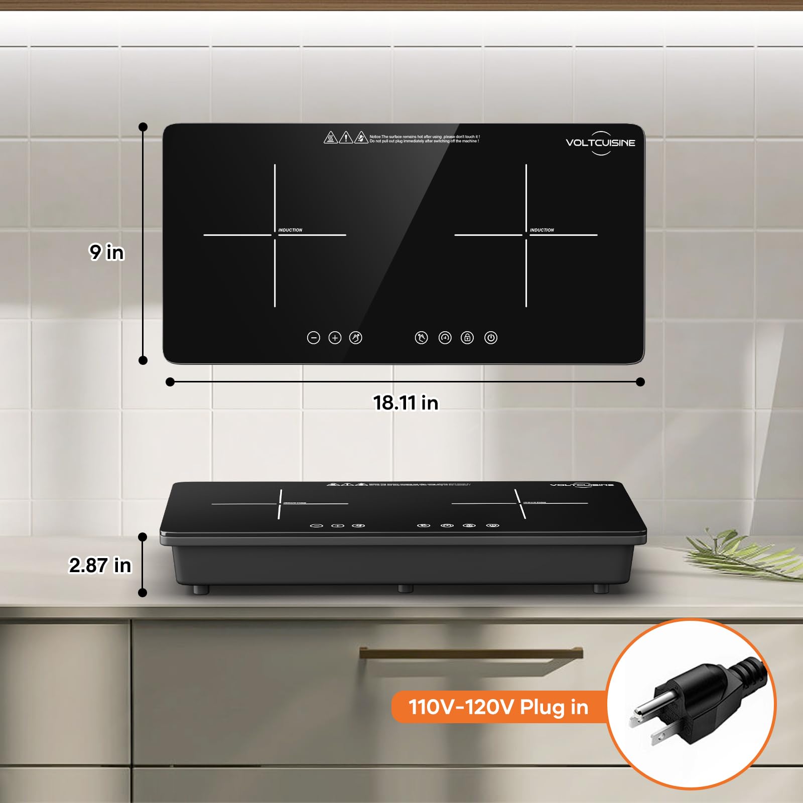 VoltCuisine 1800W Dual Induction Cooktop – Compact 2-Burner Electric Stove, 9 Power Levels, Touch Control, Timer & Safety Lock, Ideal for Apartments, RVs, and Small Kitchens