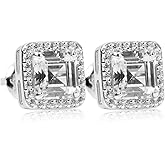 Square White Gold Plated 925 Sterling Silver Unisex Hypoallergenic Asscher Cut 5A Cz Stone 9mm Iced Hip Hop Micro Pave Ice Out Baguette Stud Screw Back Post Earrings Jewelry Gifts For Men Women.