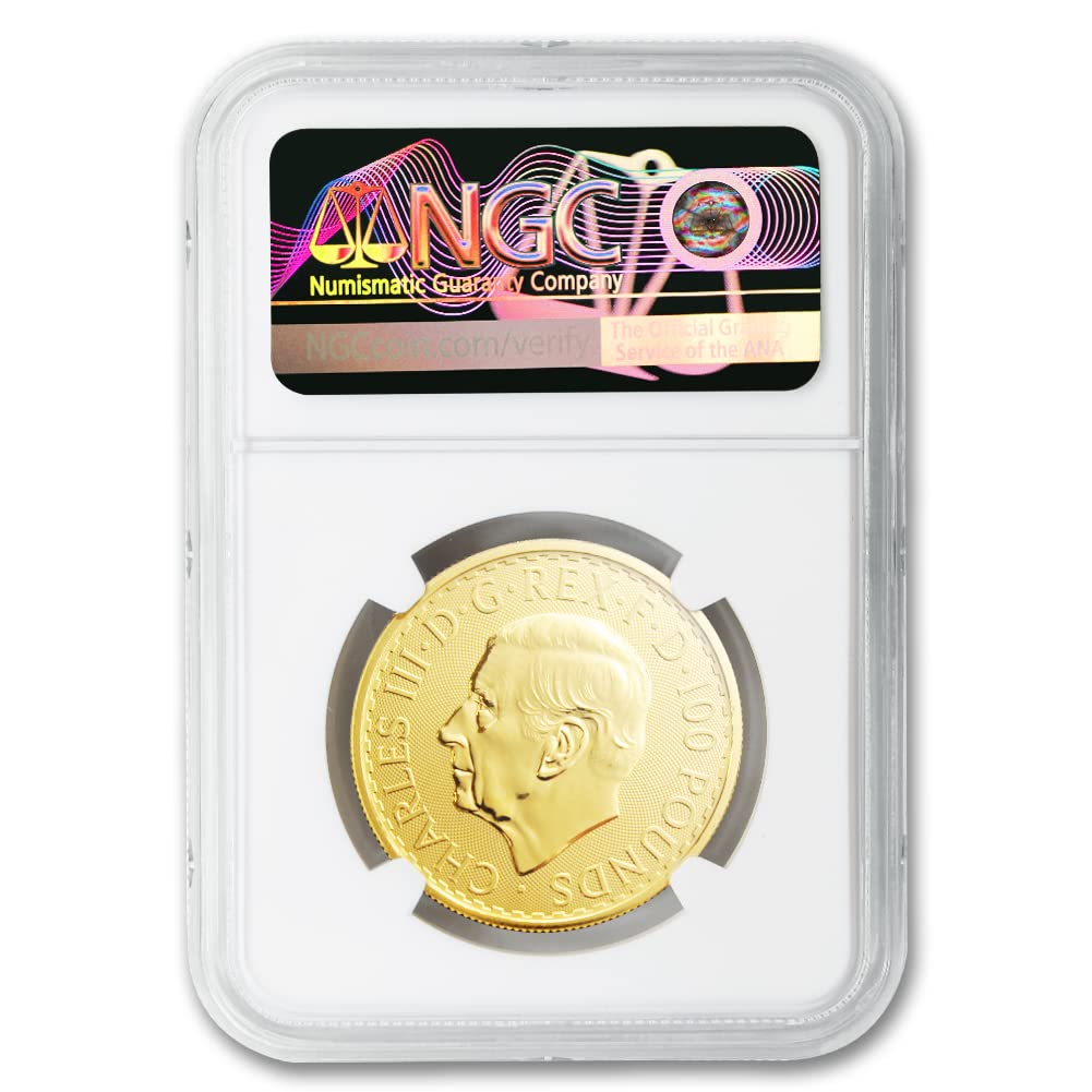 2023 1 oz British Gold Britannia Coin (King Charles III) Gem Uncirculated (First Day of Issue) by the Royal Mint 24K 100£ NGC GEMUNC