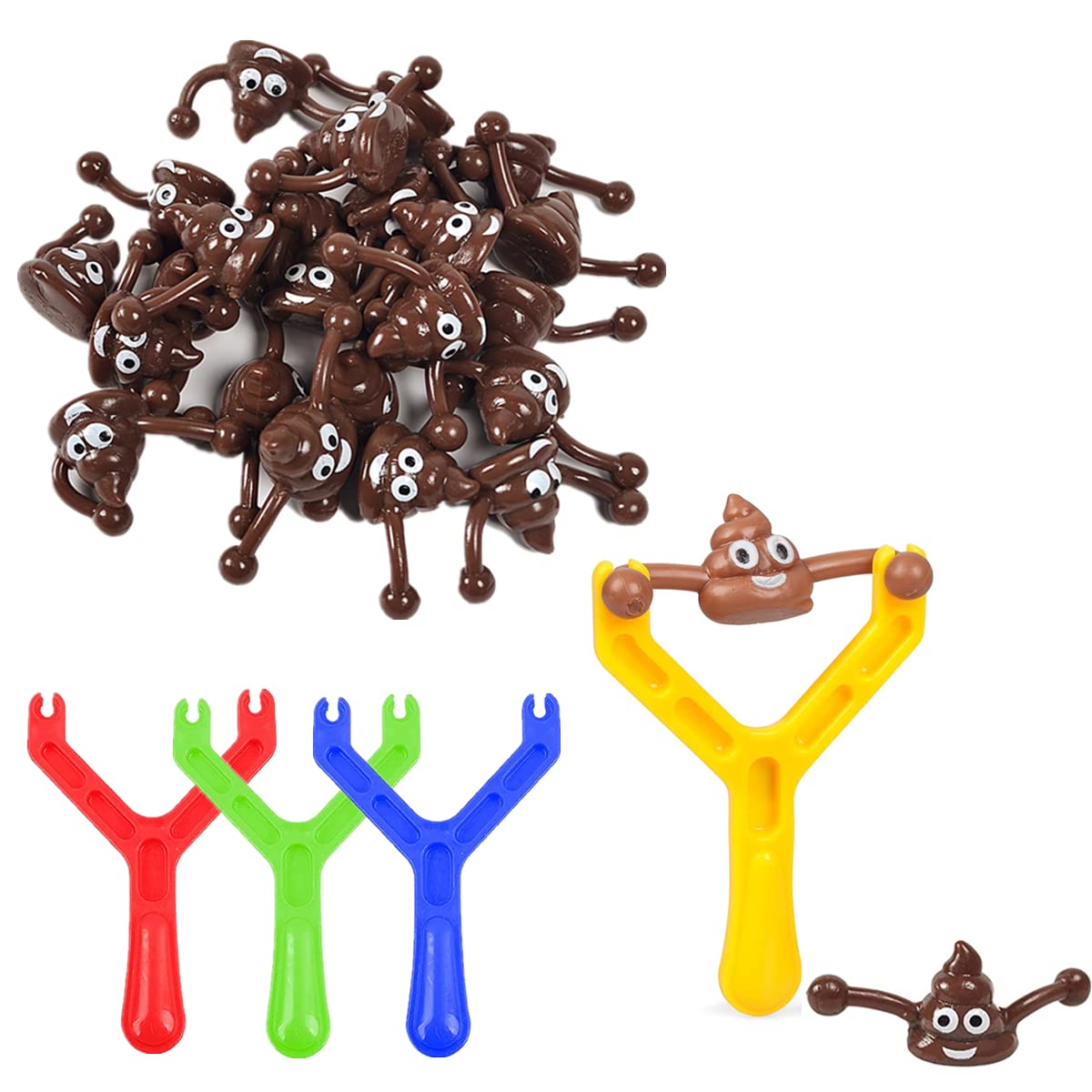 Aisszhao Poo Slingshot Toy,4 Funny Smiley Slingshots/16 Poop Emoji Bullets for Kids Adults Prank Toys,Poop Shooting Finger Toy Joke Mochi Squishy Party Bag Fillers Xmas Stocking Gift, (AZPPP16)