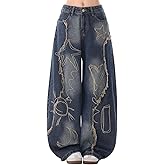 OTEEGX Baggy Jeans for Women Girls Star Wide Leg Barrel Jeans Embroidered Patchwork Cute Denim Pants Trendy Clothes