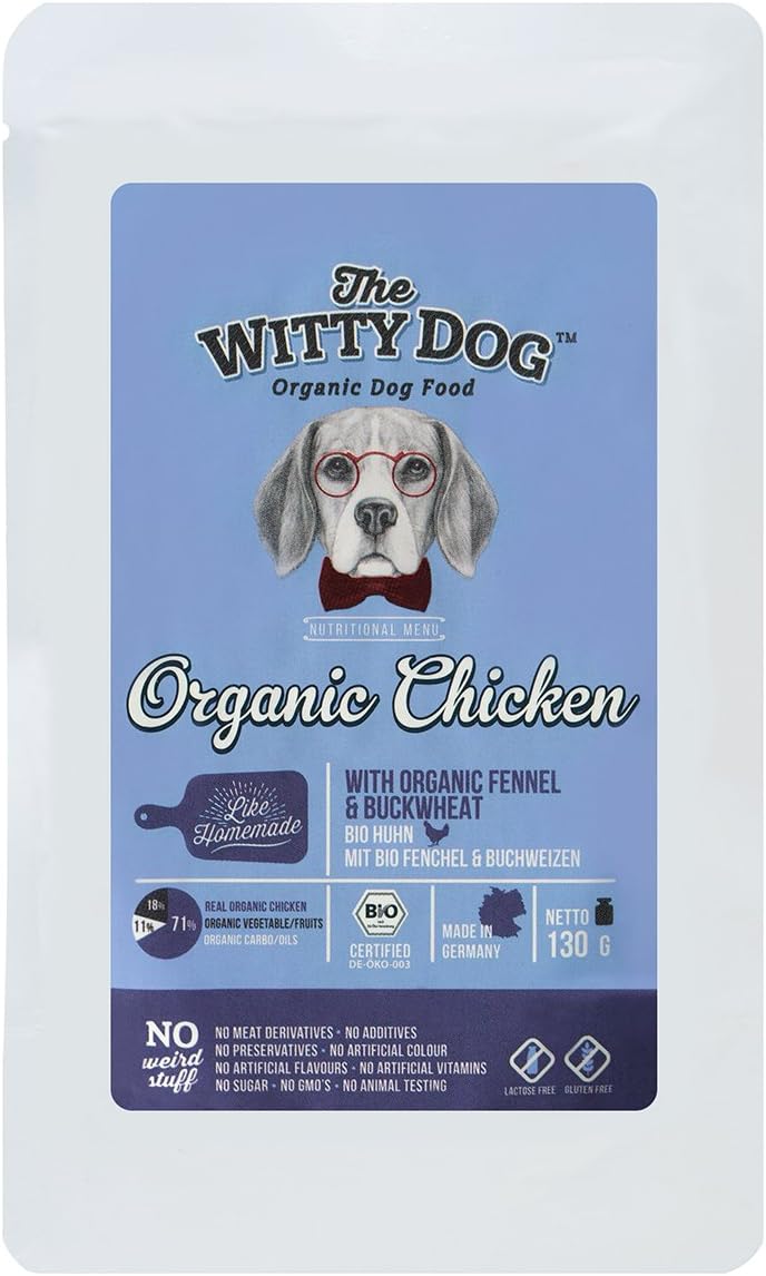 The Witty Dog 100% Organic Wet Dog Food, Complete Menu: Chicken With Fennel & Buckwheat, Pouches 12x130 Gr. (for your Wellbeloved Puppy, Adult, Senior Dogs)