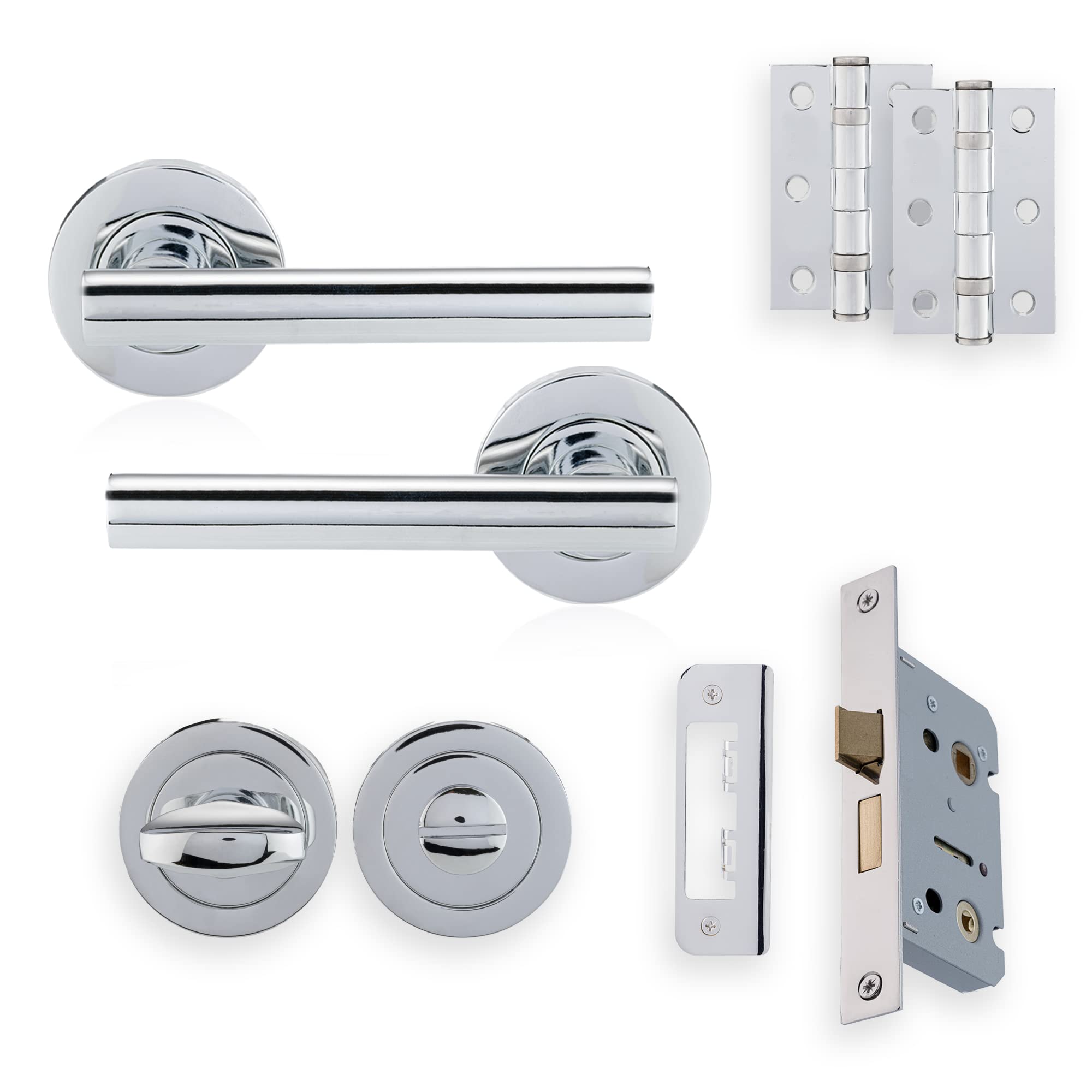 XFORT Polished Chrome Liberty Lever Bathroom Pack, Complete Set with T-Bar Handles, Bathroom Lock, 75mm Ball Bearing Hinges and Thumb Turn & Release Set, for Internal Doors