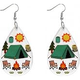 Camping Earrings for Women, Transparent Acrylic Teardrop Outdoor Earrings with Tent Campfire Design