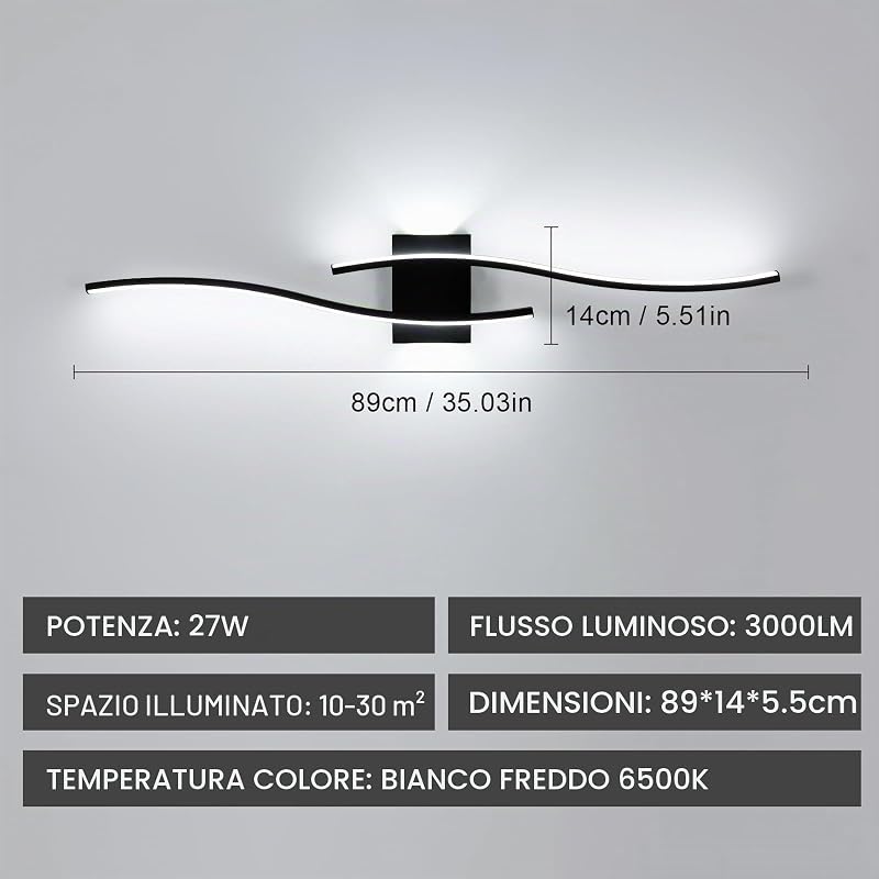 Applique da Parete Interno, 27W 3000LM Lampada da Parete Nero