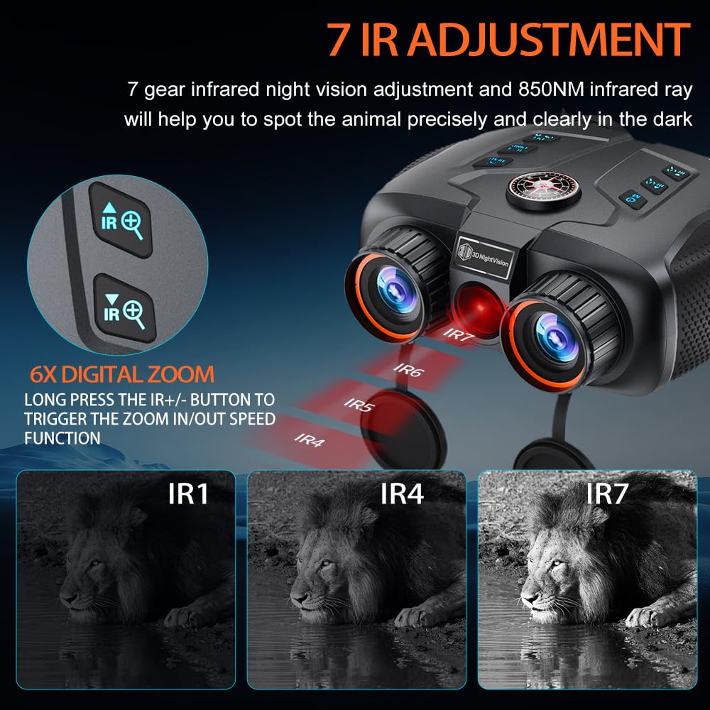 3D VR Night Vision Goggles with Electronic Compass, Rechargeable Binoculars Featuring 6X Digital Zoom, 150-Inch Screen Equivalent, Dual-Lens Diopter Adjustment