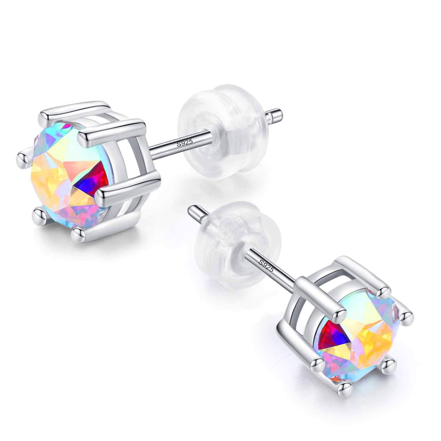 Sunnyshopday 925 Sterling Silver,6.5mm CrystalSerial Earring Gemstone Stone, Stud with Gift Box,Men Women (062) (005)