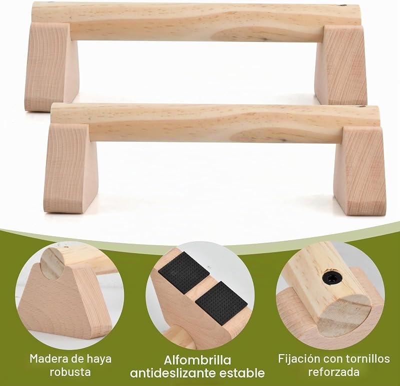 2 Pcs Barras Paralelas Calistenia 25cm, Barra Calistenia de Madera con Alfombrilla Antideslizantes, Asa Más Gruesa, Carga Hasta 300kg, Espaldera Gimnasio Casa, Flexiones Soporte Suelo para Push Up