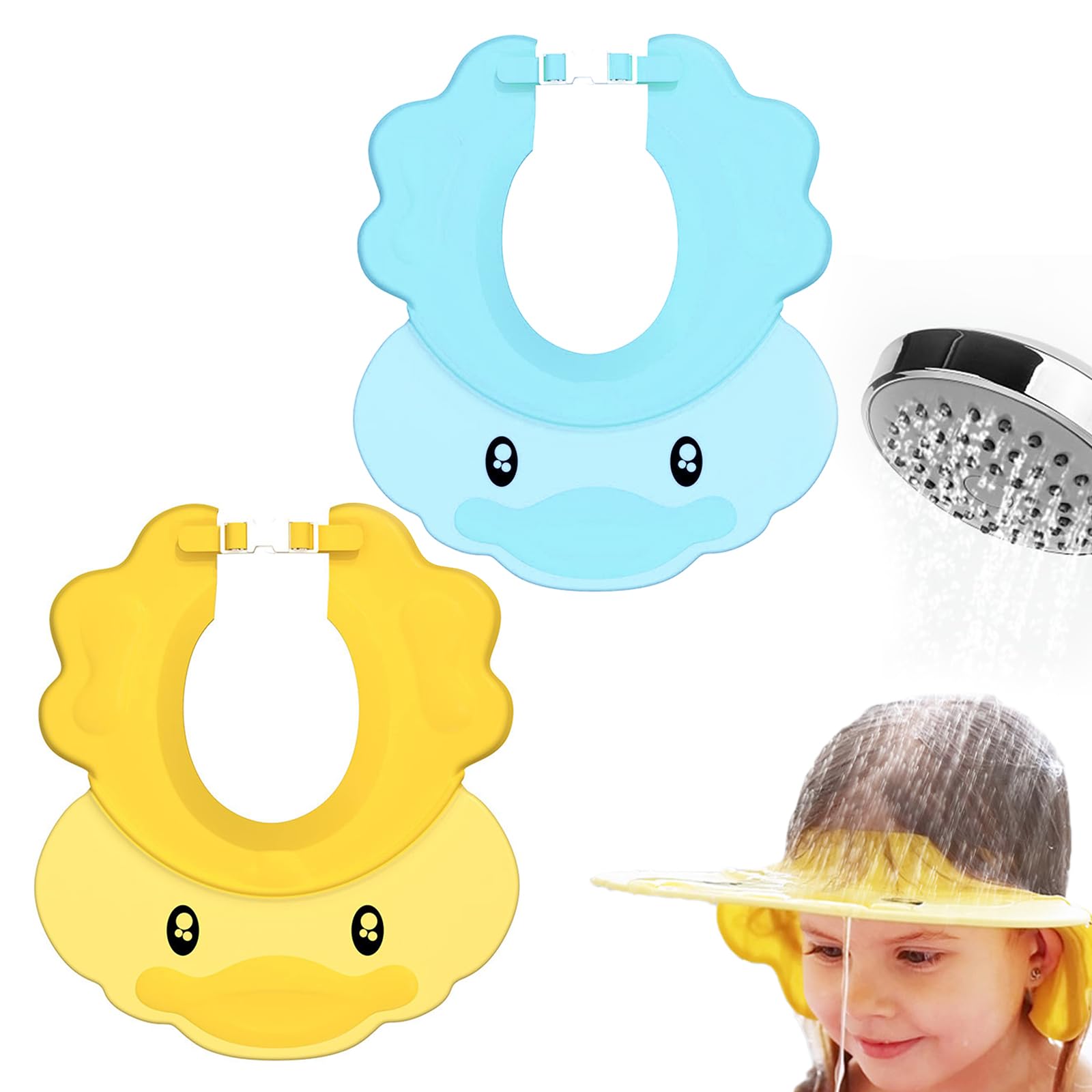 Hair Washing Aids for Kids - Baby Shower Cap Adjustable Hair Washing Shield for Kids, Toddler Shampoo Cap with Ear Covers, 2 Pack Duck Shaped Visor for Eye Protection (Blue & Yellow)