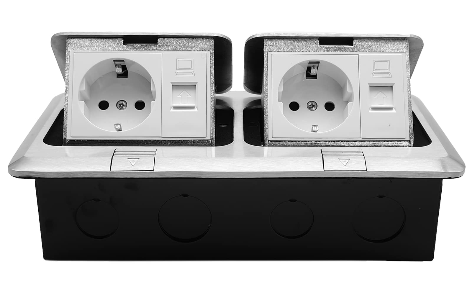 Funey 4-Way Recessed Socket Floor Socket, 2 Sockets + 2 Network, Retractable Socket Floor Socket, for Floor, Table, Office, Worktop, Restaurant, Supermarket, Library, Café, Exhibition