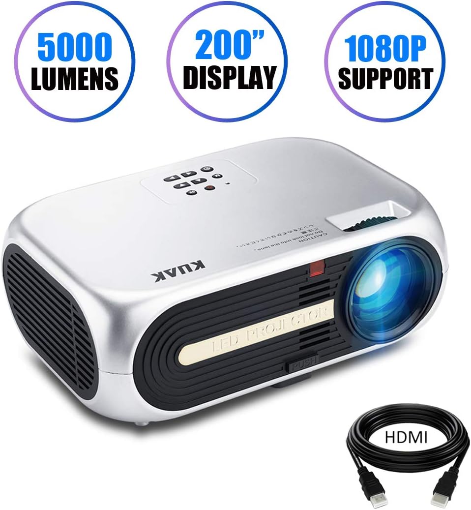 Projector, KUAK LED Video Projector with 5000 Lumens, 200" LCD Home Cinema Projector Support Full HD 1080p 2*HDMI/2*USB/VGA/AV for Outdoor Movie, Home Entertainment, Party, Games