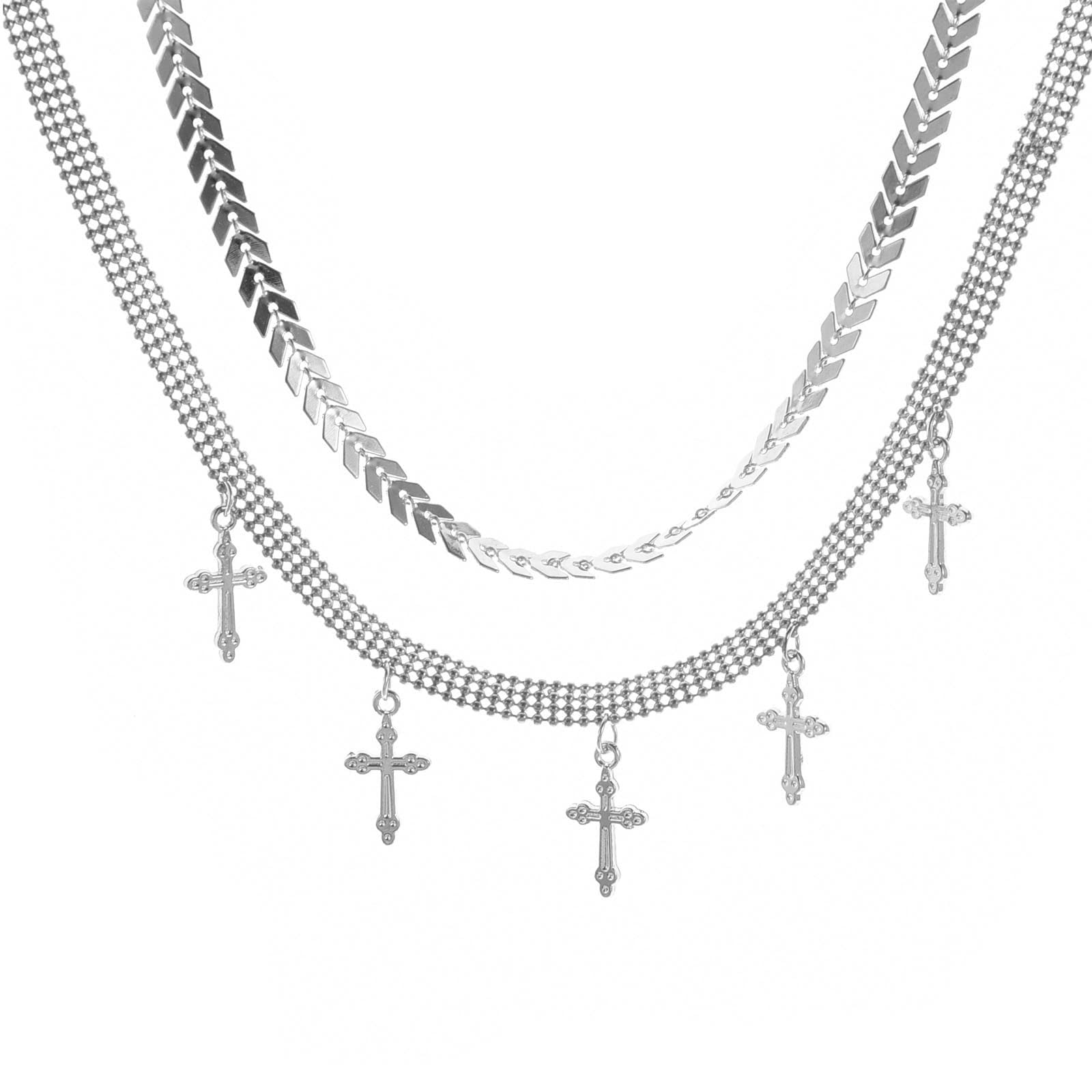 Yienate Gothic Cross Necklace Choker Silver Beads Snake Bone Chain Cross Pendant Goth Layered Egirl Statement Charm Necklace Gift for Women Girls