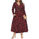 CARCOS Plus Size Dresses for Curvy Women V Neck Fall Maxi Dress Long Sleeve Floral Boho Dress Smocked Waist Party Dress