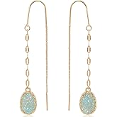Simulated Druzy Threader Earrings for Women - Gold, Silver, or Rose Gold Tone Long Chain Earrings with Boho Created Geode Stone