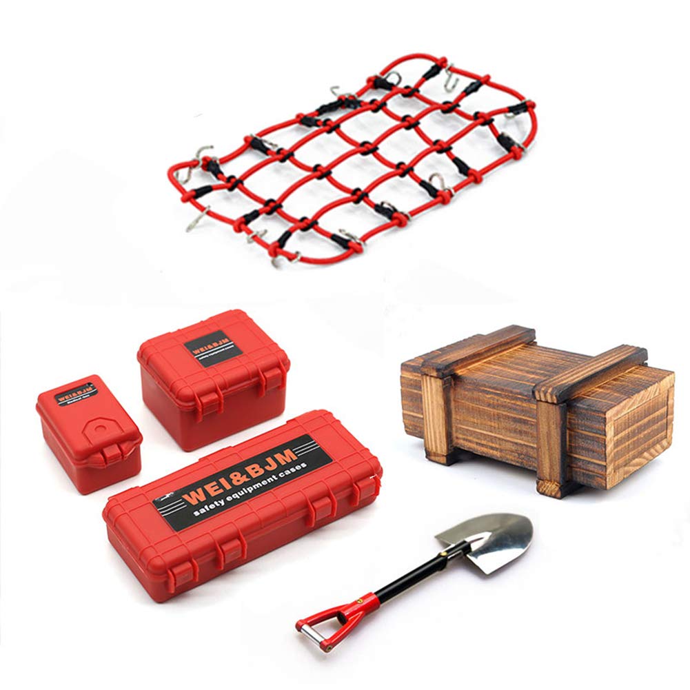 KEEDA 6Pcs/Set Mini Luggage Case, Wooden Box, Shovel, Luggage Net, Simulation Decoration Tool Accessories for 1:10 RC Crawler Car TRX4 Axial Scx10 90046 CC01 D90 D110 (Red)