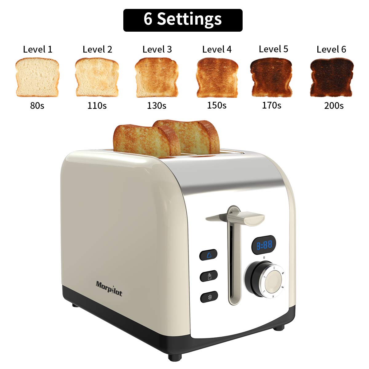 2 Slice Toaster, Morpilot Sandwich Toaster with 2 Wide Stainless Steel Slot and LED Display, Automatic Toaster with Defrost/Reheat/Cancel Function and 6 Modes