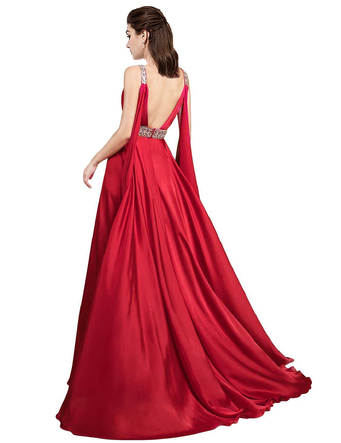 PLMS Women's Beaded Long Prom Dresses Satin Elegant Party Evening