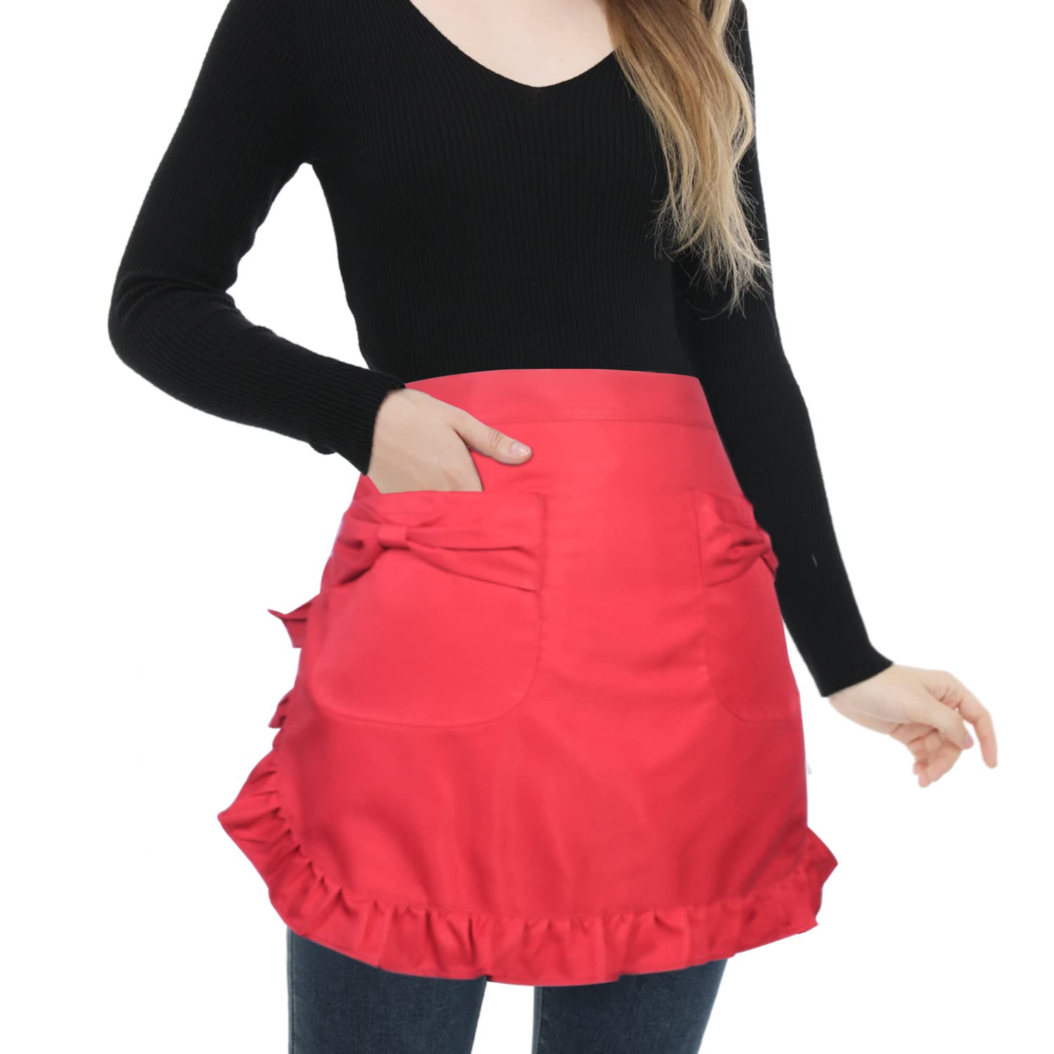 Love Potato Waist Apron with Pockets, Fashion Kitchen Cooking Restaurant Bistro Half Aprons for Girl Woman (Red)