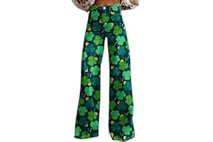 St Patricks Day Pants for Women Irish Shamrock Print Pant Denim Look High Waist Wide Leg Festive Baggy Jeans Outfits