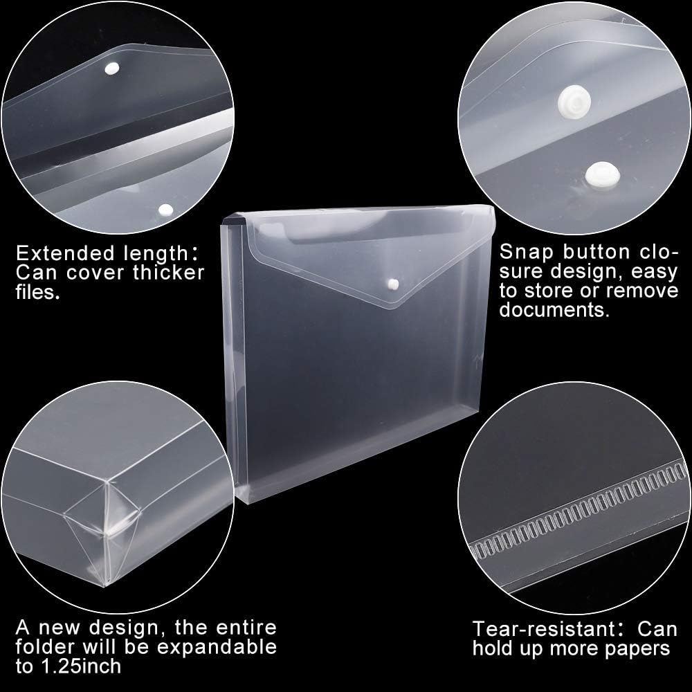 12pcs Clear Plastic Waterproof Envelope Folders with Button Closure and
