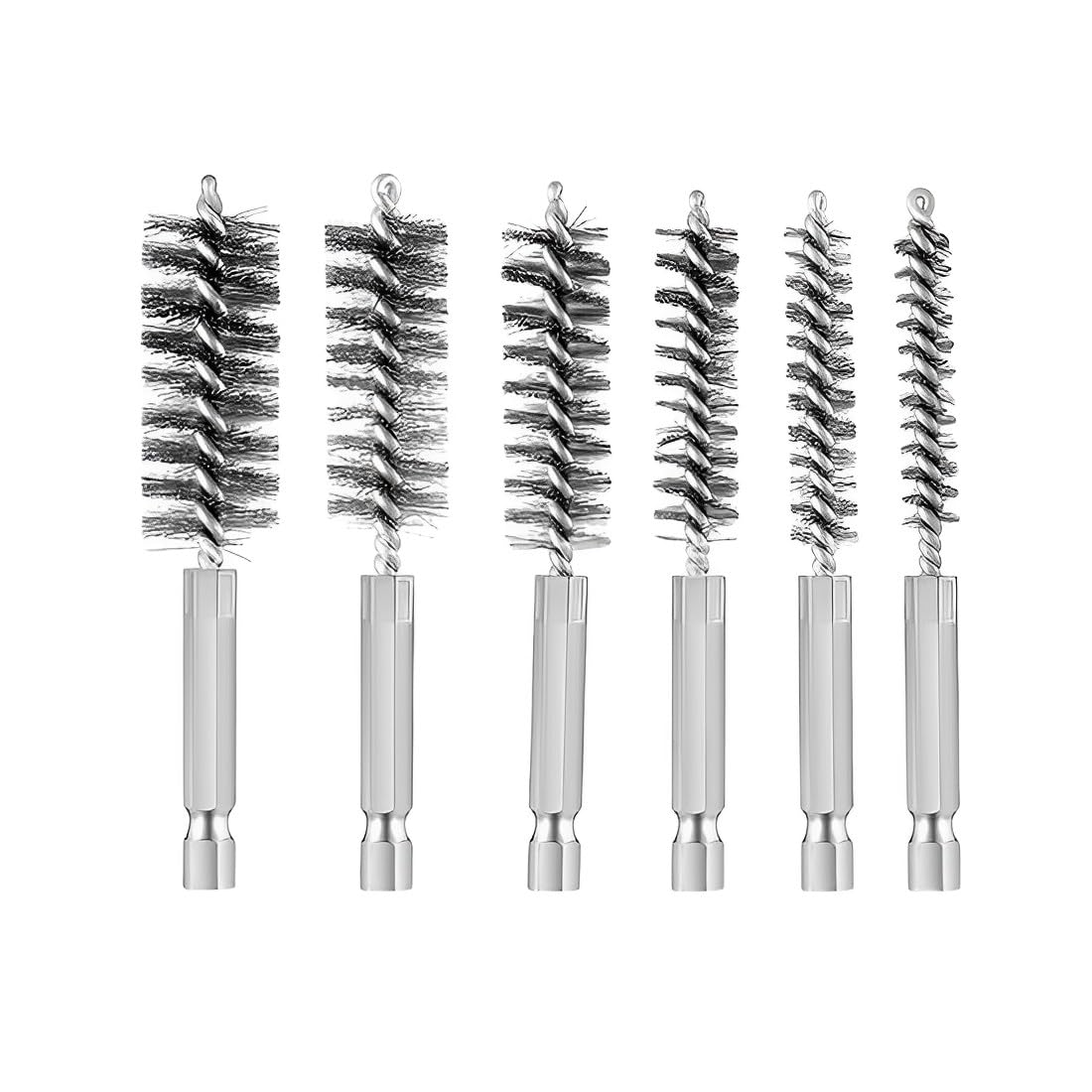XUKZIMA 6 Pcs Stainless Steel Bore Brush Set with 1/4 inch Hex Shank Handle for Cleaning Rust Auto Corrosion Tubes Holes (Copper)
