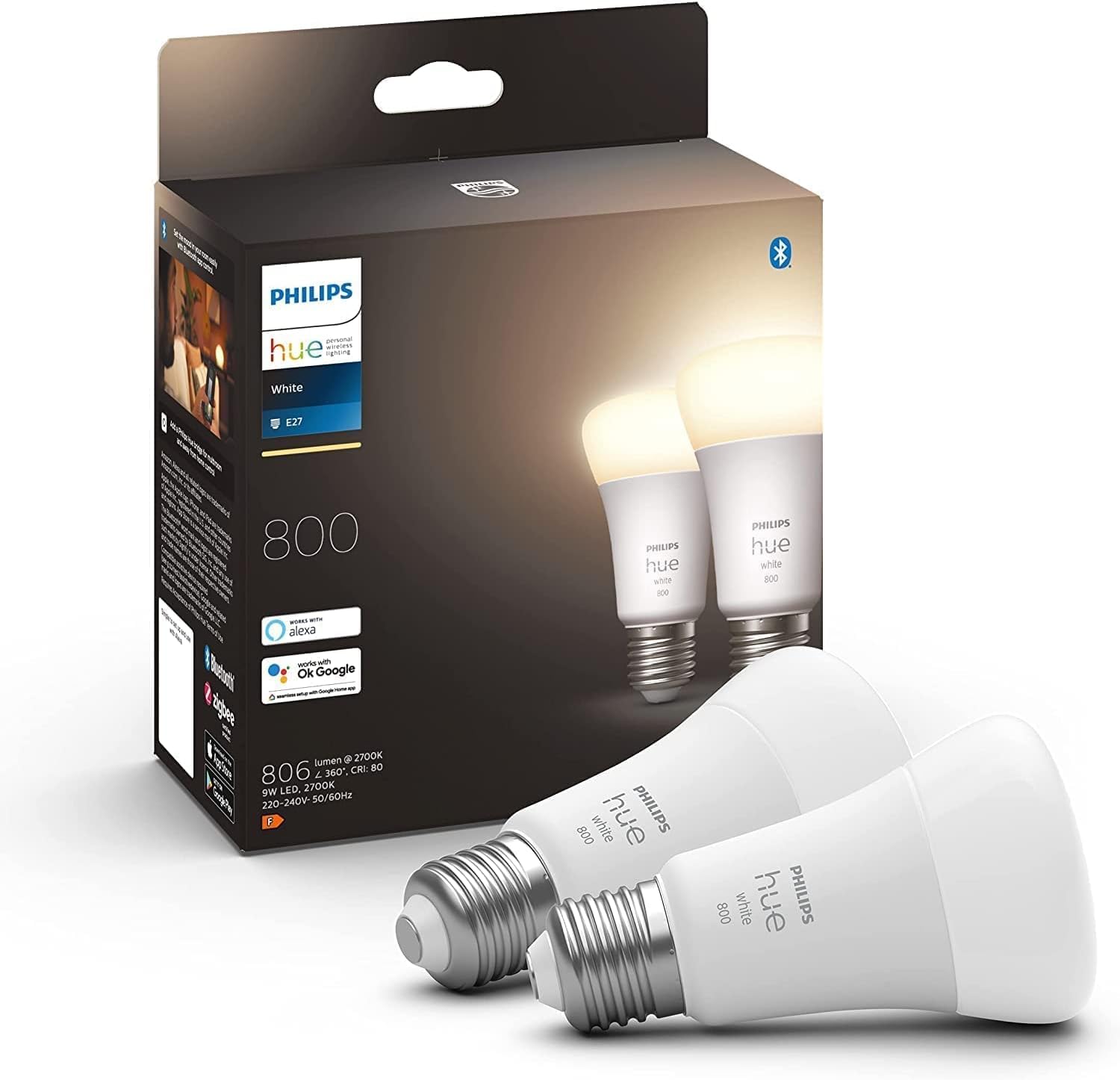 Philips Hue New White Smart Light Bulb 60W - 806 Lumen 2 Pack [E27 Edison Screw] with Bluetooth. Works with Alexa, Google Assistant, Apple Homekit. for Home Indoor Lighting, Livingroom and Bedroom.