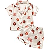 Qiylii 1-6Y Toddler Girls Floral Silk Pajamas Short Sleeve Button-Up Top Shorts Summer 2PC Flowers Satin Pajamas Set