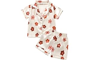 Qiylii 1-6Y Toddler Girls Floral Silk Pajamas Short Sleeve Button-Up Top Shorts Summer 2PC Flowers Satin Pajamas Set