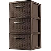 Sterilite 3 Drawer Plastic Wicker Weave Decorative Storage Organization Container Cabinet Tower with Driftwood Handles, Espresso (2 Pack)