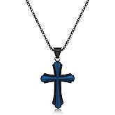 Metro Jewelry Stainless Steel Cross Pendant Necklace for Men with Black and Blue Ion Plating on 24 Inches Long Round Box Chain