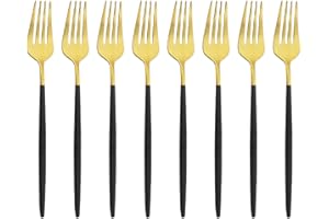 Snplowum 8-Piece Matte Black & Gold Dessert Fork, 7.48 Inch Daily Use Fork Set, Stainless Steel Fork For Dessert Appetizer Sa