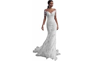 Dexinyuan Lace Mermaid Wedding Dresses for Bride 2024 Summer Beach Boho Bridal Gowns for Women